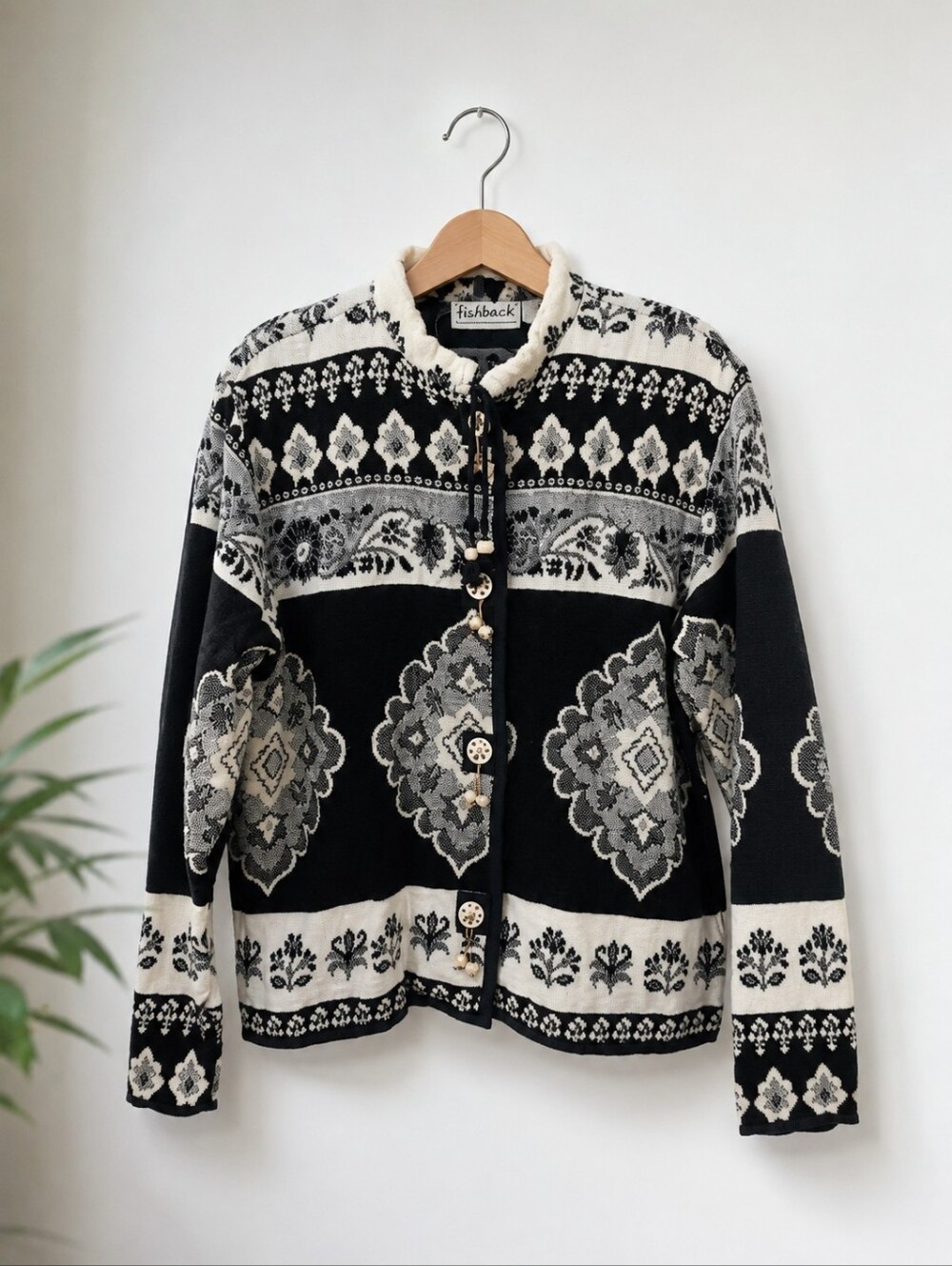 Flashback Women's Black & White Tapestry Knit Jacket XL Boho Southwestern Button